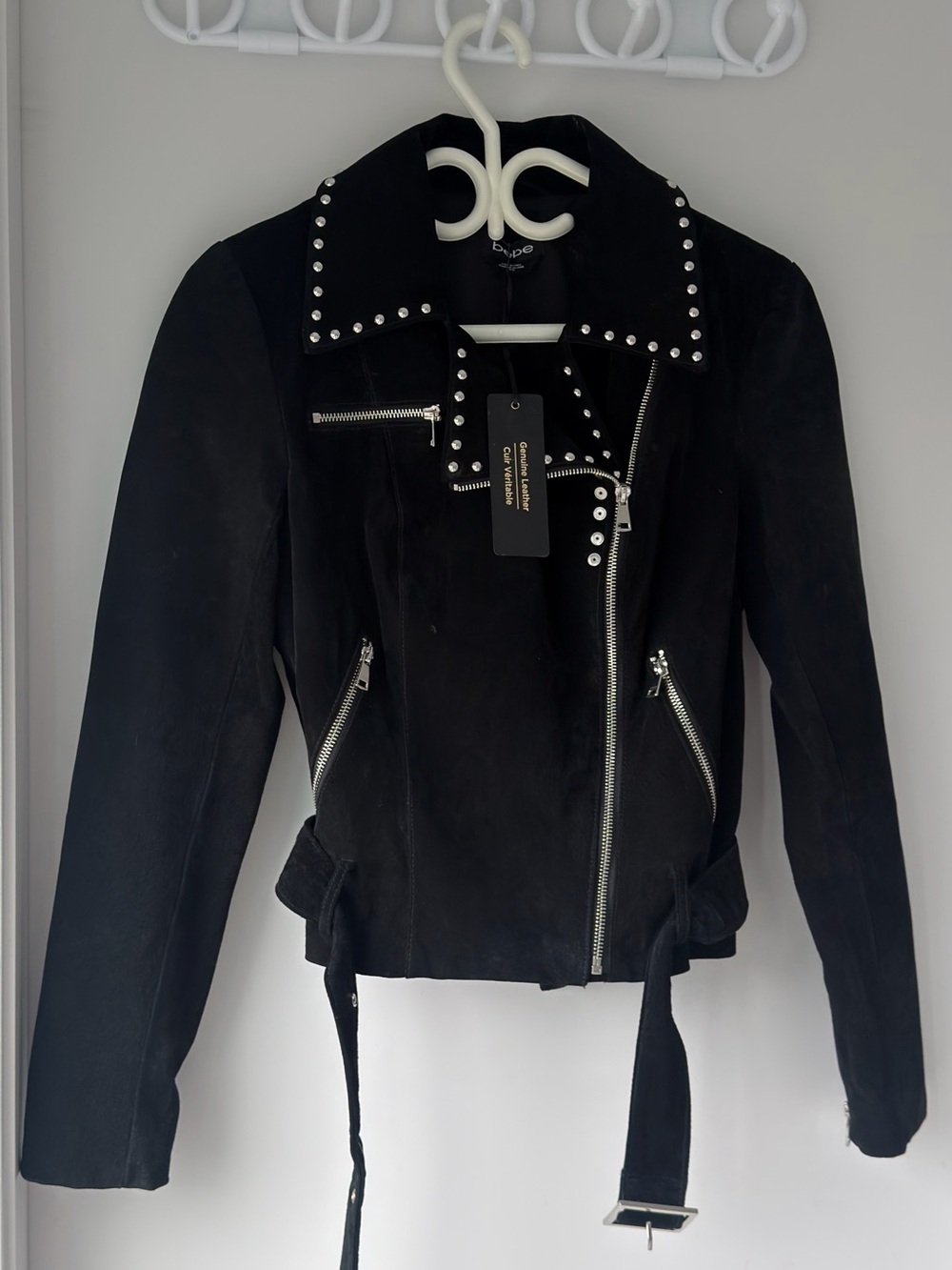 bebe Black Studded Suede Moto Jacket
